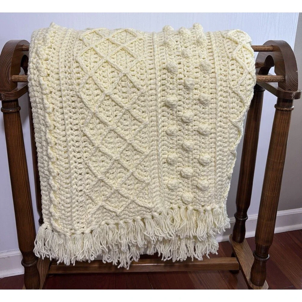 Crochet Afghan Throw Blanket Yellow 3D Nolan Aran Diamond Bobble Fringe Handmade